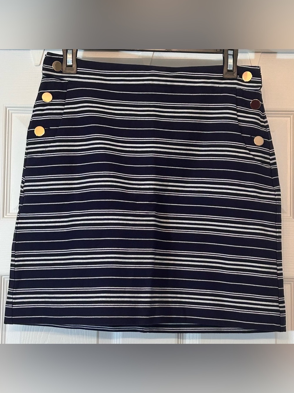 LOFT Navy and White Striped Mini Skirt with Gold Button Detail Size 4